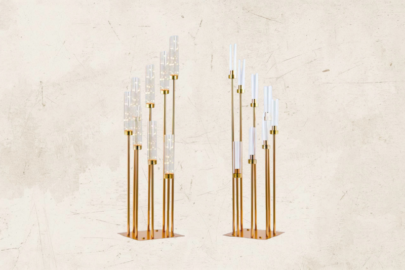 48” Tall 8 Arm Gold/Crystal Glass Candle Holders